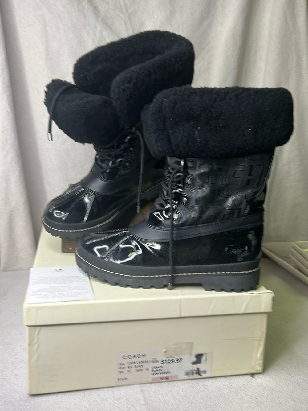 Coach Black Patent & Shearling Lace-Up Leonora Winter Boots